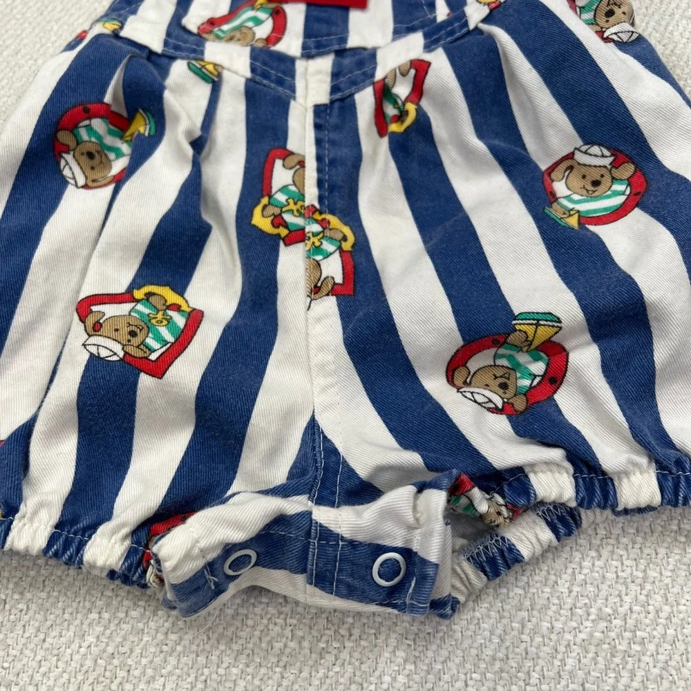 Baby OshKosh Shortall Bubble Overalls 12M Blue White Striped Sailor Bear VTG 80s